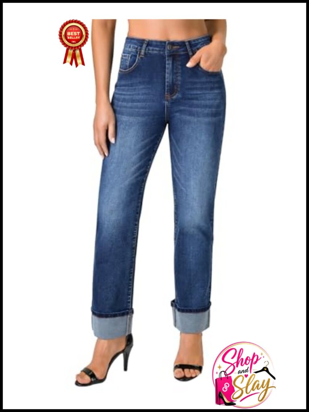 High Rise Straight Leg Jeans Cuffed Hem Five Pocket Stretch Denim